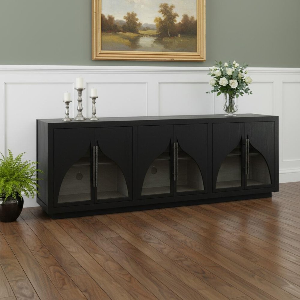 95" Dark Brown Solid Wood Sideboard With Six Glass Doors HomeRoots