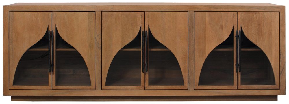 95" Natural Solid Wood Sideboard With Six Glass Doors HomeRoots