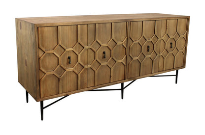 71" Natural Distressed Solid Wood Carved Geometric Sideboard With Four Doors HomeRoots