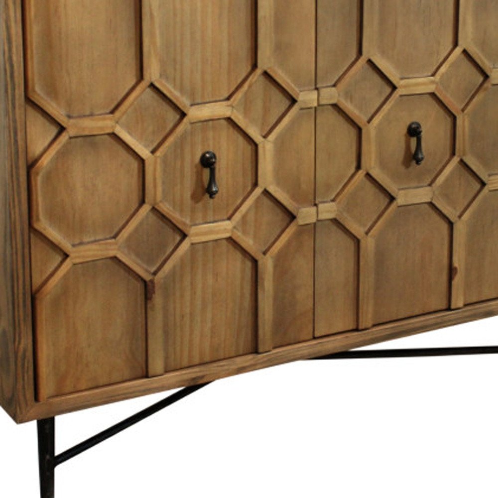 71" Natural Distressed Solid Wood Carved Geometric Sideboard With Four Doors — view 2