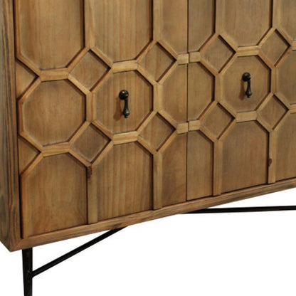 71" Natural Distressed Solid Wood Carved Geometric Sideboard With Four Doors HomeRoots