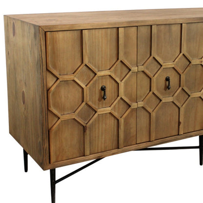 71" Natural Distressed Solid Wood Carved Geometric Sideboard With Four Doors HomeRoots