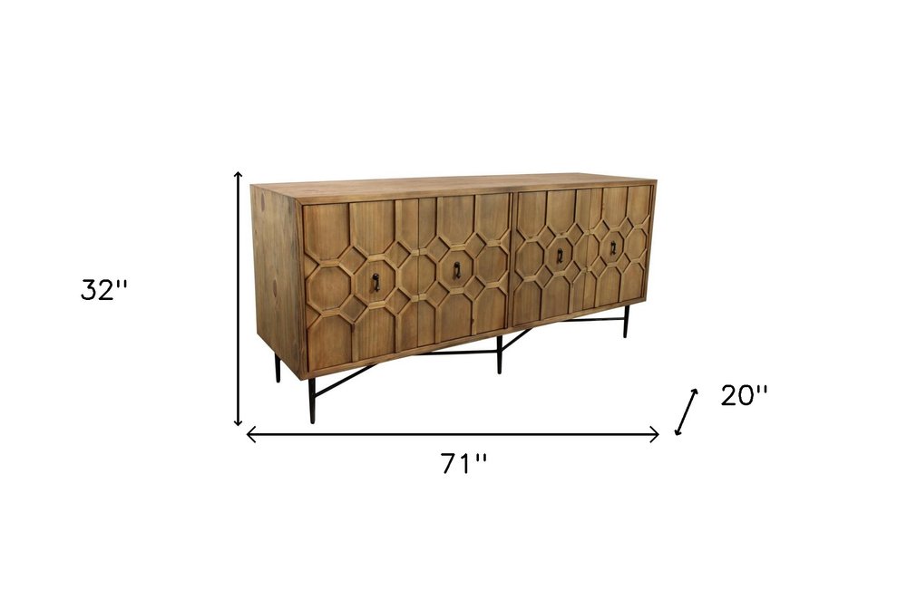 71" Natural Distressed Solid Wood Carved Geometric Sideboard With Four Doors — view 4