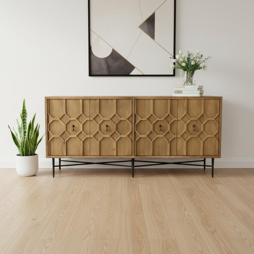 71" Natural Distressed Solid Wood Carved Geometric Sideboard With Four Doors HomeRoots