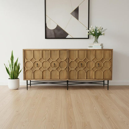 71" Natural Distressed Solid Wood Carved Geometric Sideboard With Four Doors HomeRoots