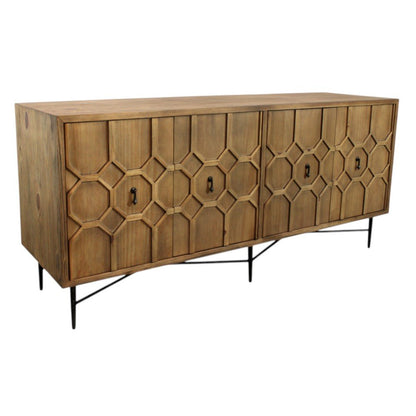71" Natural Distressed Solid Wood Carved Geometric Sideboard With Four Doors HomeRoots