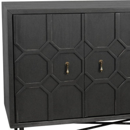 91" Black Distressed Reclaimed Wood Carved Geometric Sideboard With Six Doors HomeRoots