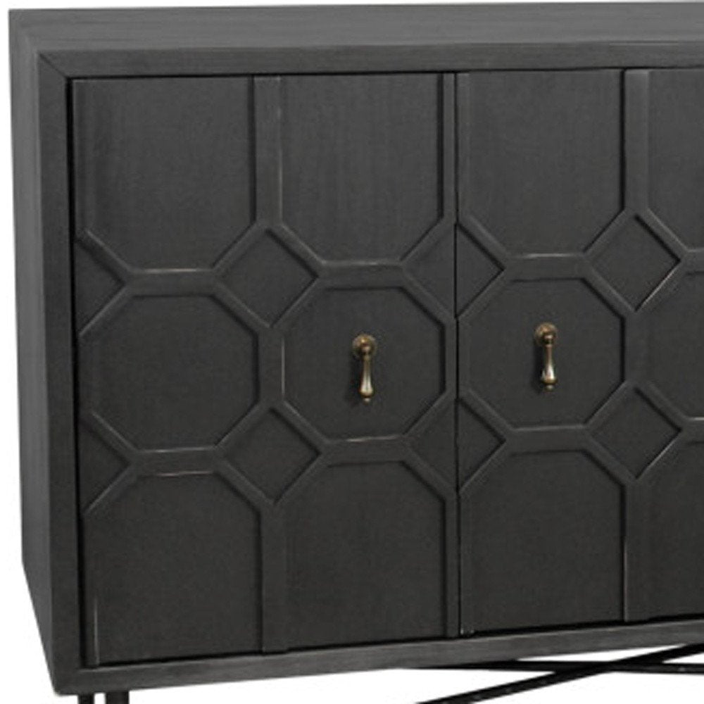 91" Black Distressed Reclaimed Wood Carved Geometric Sideboard With Six Doors