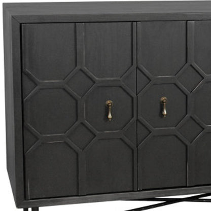 91" Black Distressed Reclaimed Wood Carved Geometric Sideboard With Six Doors