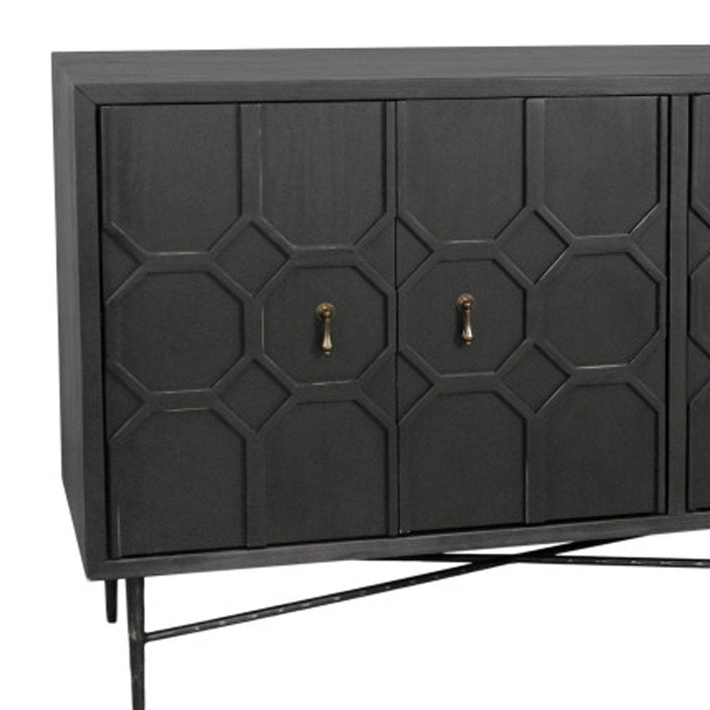 91" Black Distressed Reclaimed Wood Carved Geometric Sideboard With Six Doors