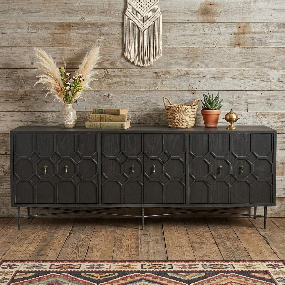 91" Black Distressed Solid Wood Carved Geometric Sideboard With Six Doors HomeRoots
