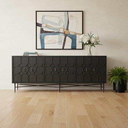 91" Black Distressed Reclaimed Wood Carved Geometric Sideboard With Six Doors