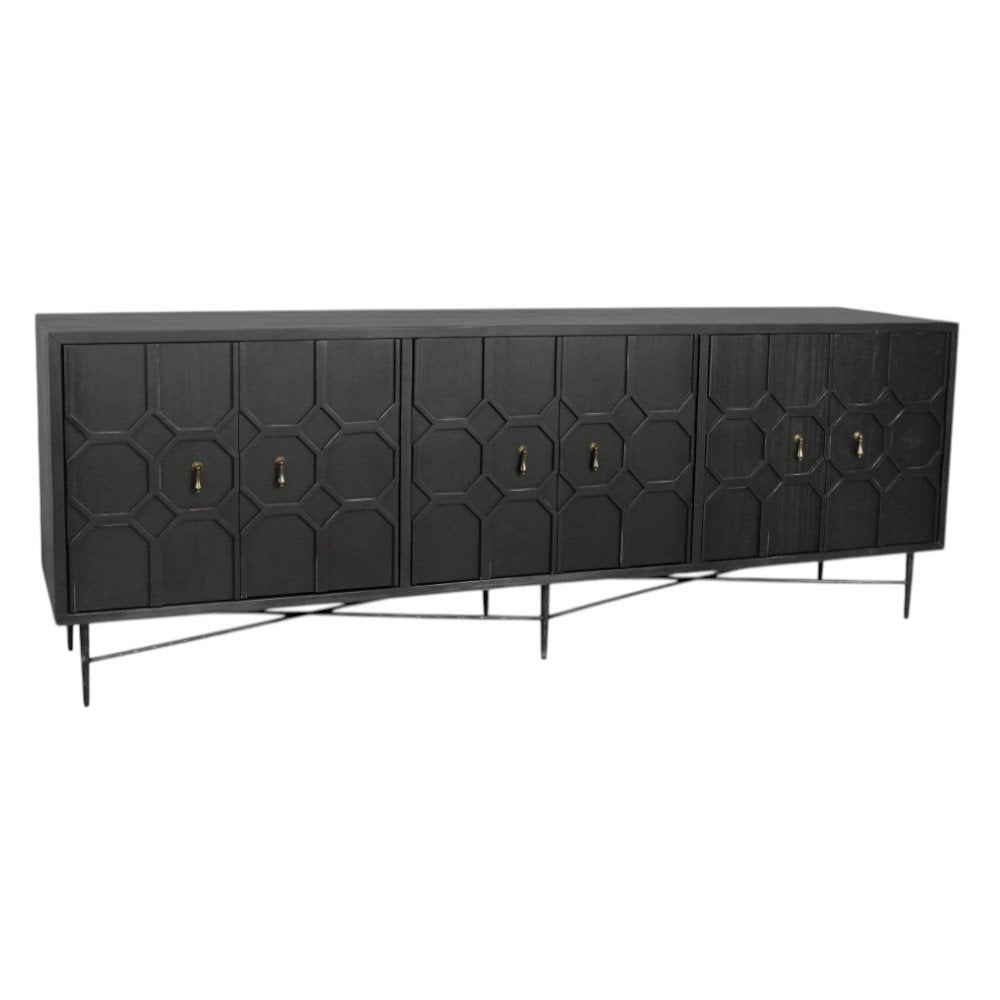 91" Black Distressed Reclaimed Wood Carved Geometric Sideboard With Six Doors