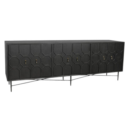 91" Black Distressed Reclaimed Wood Carved Geometric Sideboard With Six Doors