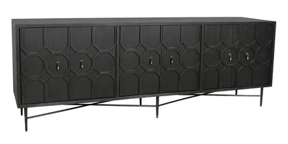 91" Black Distressed Reclaimed Wood Carved Geometric Sideboard With Six Doors