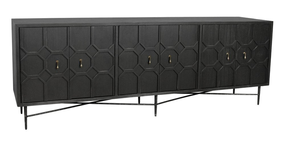 91" Black Distressed Reclaimed Wood Carved Geometric Sideboard With Six Doors HomeRoots