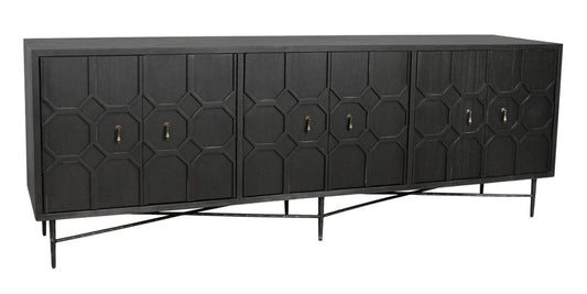 91" Black Distressed Solid Wood Carved Geometric Sideboard With Six Doors