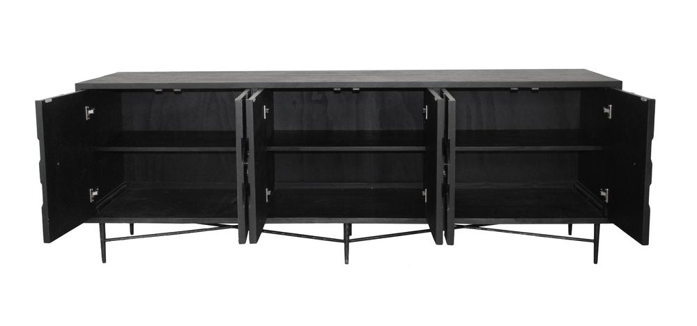 91" Black Distressed Reclaimed Wood Carved Geometric Sideboard With Six Doors HomeRoots