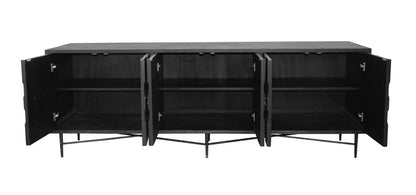 91" Black Distressed Reclaimed Wood Carved Geometric Sideboard With Six Doors HomeRoots