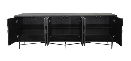91" Black Distressed Reclaimed Wood Carved Geometric Sideboard With Six Doors HomeRoots