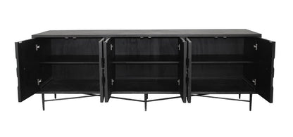 91" Black Distressed Reclaimed Wood Carved Geometric Sideboard With Six Doors