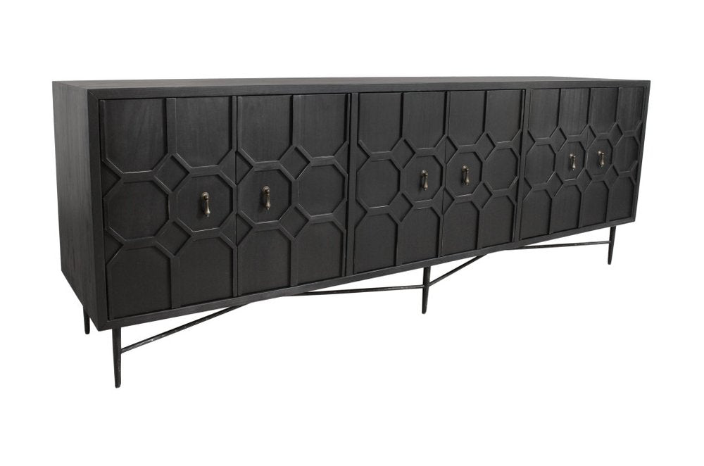 91" Black Distressed Reclaimed Wood Carved Geometric Sideboard With Six Doors