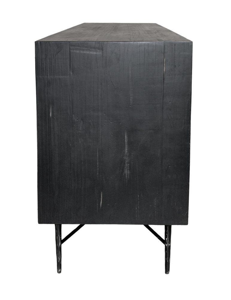 91" Black Distressed Reclaimed Wood Carved Geometric Sideboard With Six Doors HomeRoots