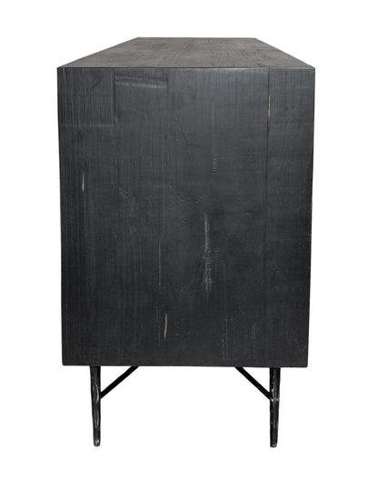 91" Black Distressed Reclaimed Wood Carved Geometric Sideboard With Six Doors HomeRoots
