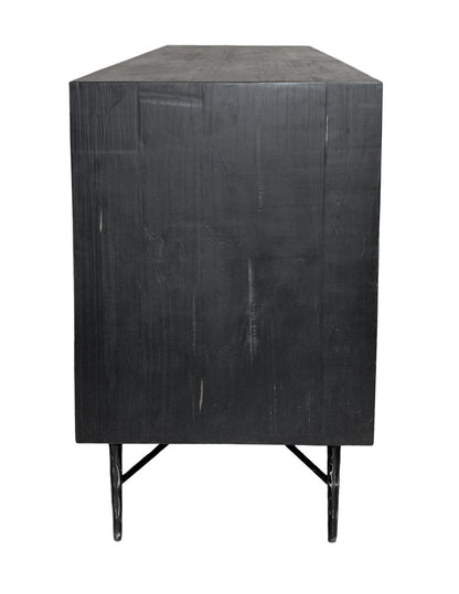 91" Black Distressed Reclaimed Wood Carved Geometric Sideboard With Six Doors