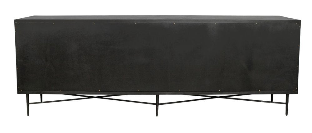 91" Black Distressed Reclaimed Wood Carved Geometric Sideboard With Six Doors HomeRoots
