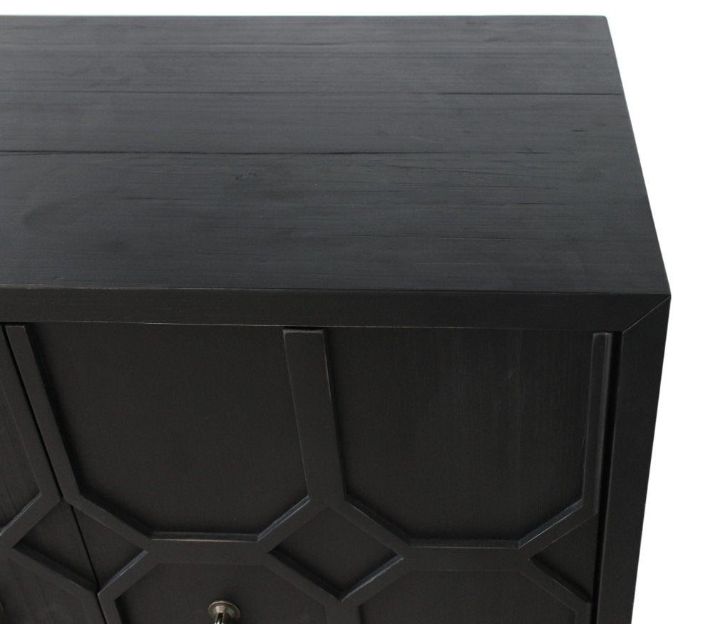 91" Black Distressed Reclaimed Wood Carved Geometric Sideboard With Six Doors