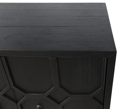 91" Black Distressed Reclaimed Wood Carved Geometric Sideboard With Six Doors