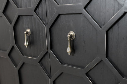 91" Black Distressed Reclaimed Wood Carved Geometric Sideboard With Six Doors
