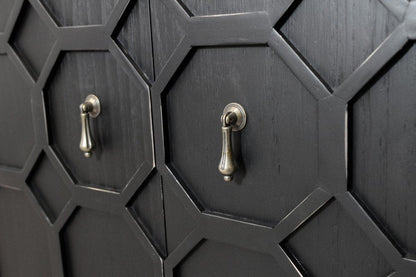 91" Black Distressed Reclaimed Wood Carved Geometric Sideboard With Six Doors HomeRoots