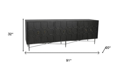 91" Black Distressed Reclaimed Wood Carved Geometric Sideboard With Six Doors