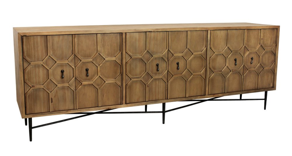 91" Natural Distressed Solid Wood Carved Geometric Sideboard with Six Doors HomeRoots