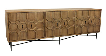 91" Natural Distressed Solid Wood Carved Geometric Sideboard with Six Doors HomeRoots