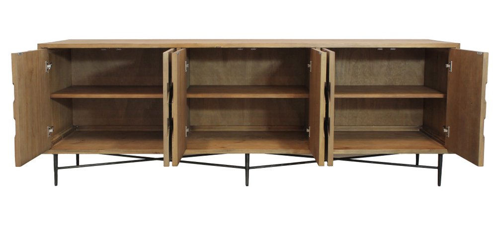 91" Natural Distressed Solid Wood Carved Geometric Sideboard with Six Doors HomeRoots