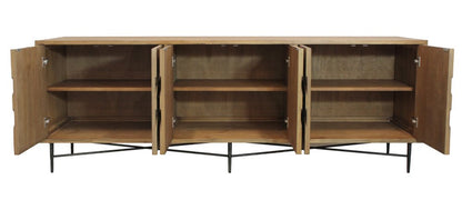 91" Natural Distressed Solid Wood Carved Geometric Sideboard with Six Doors HomeRoots