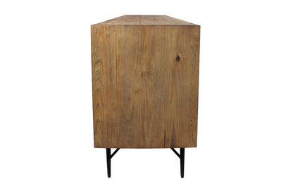 91" Natural Distressed Solid Wood Carved Geometric Sideboard with Six Doors HomeRoots