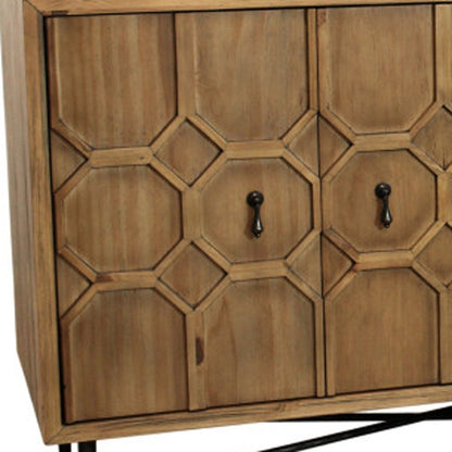 91" Natural Distressed Solid Wood Carved Geometric Sideboard with Six Doors HomeRoots