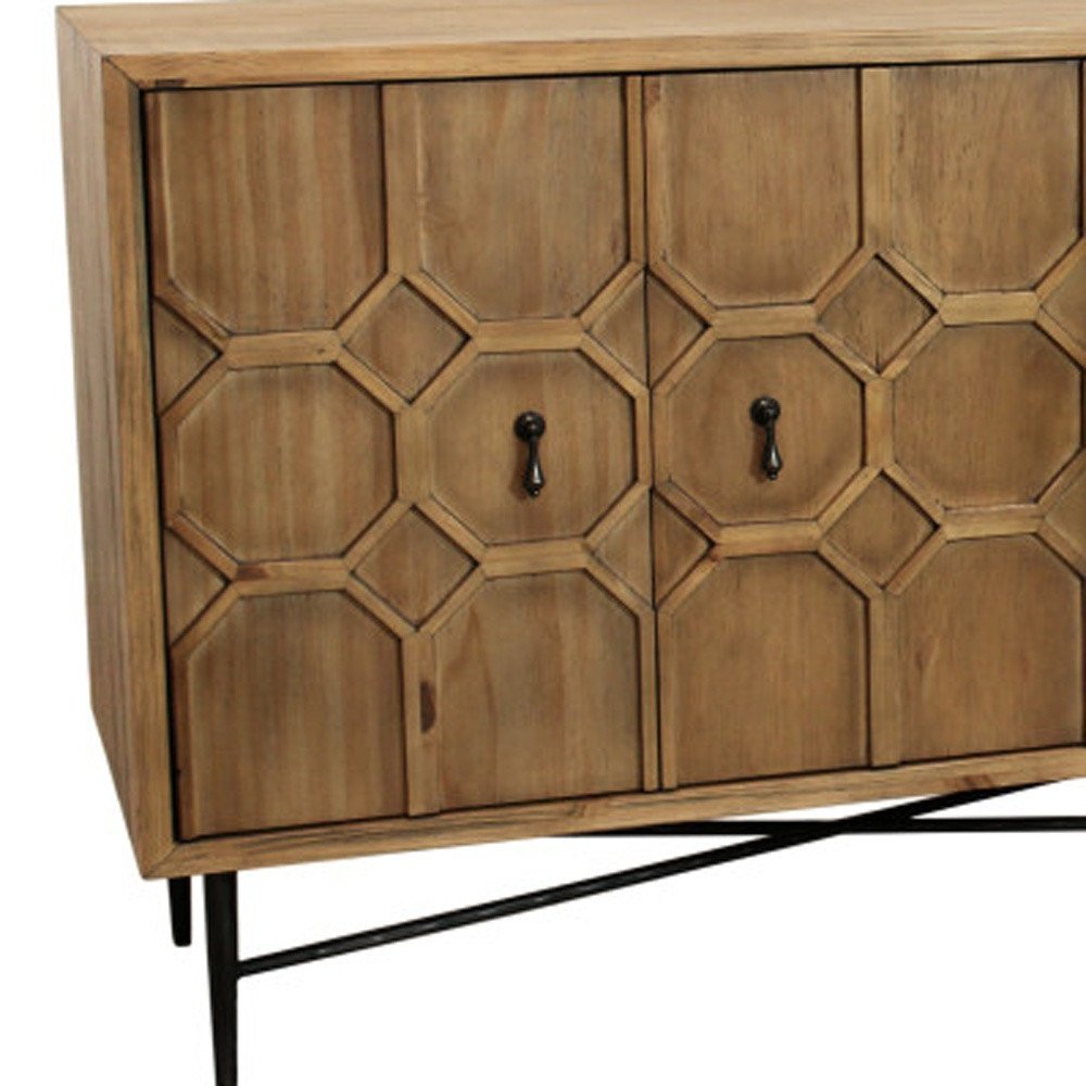 91" Natural Distressed Solid Wood Carved Geometric Sideboard with Six Doors HomeRoots