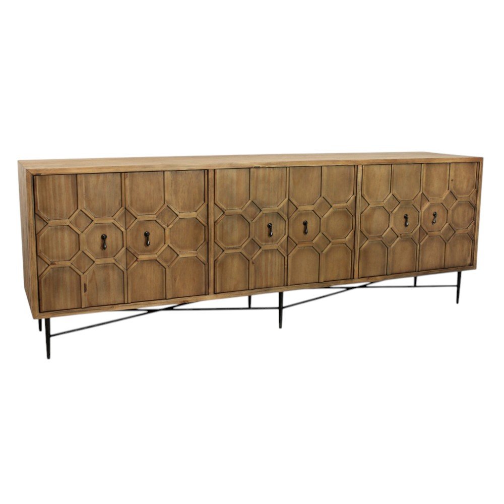 91" Natural Distressed Solid Wood Carved Geometric Sideboard with Six Doors HomeRoots