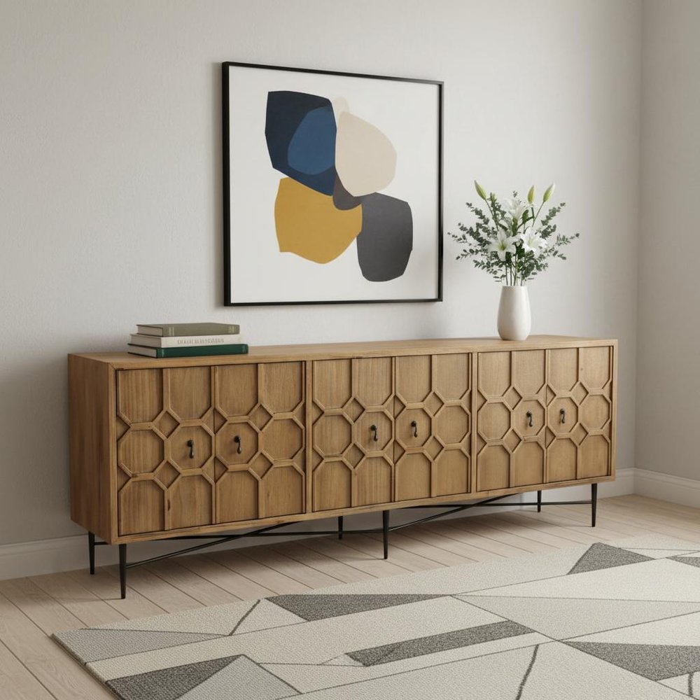91" Natural Distressed Solid Wood Carved Geometric Sideboard with Six Doors HomeRoots
