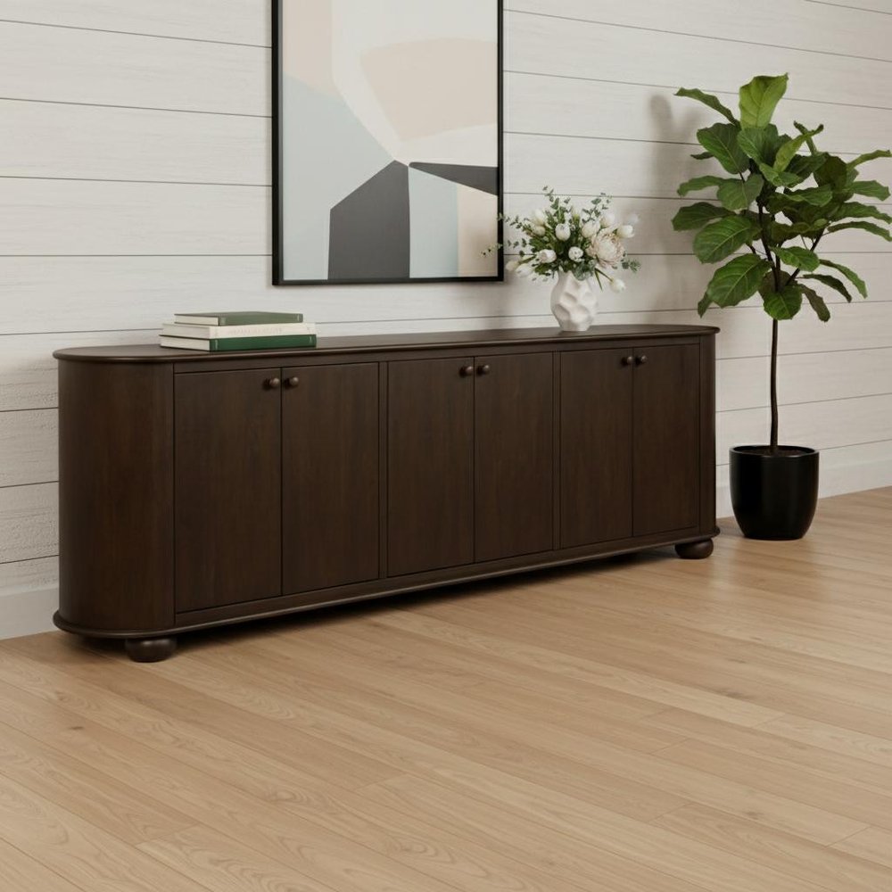 98" Brown Distressed Solid Wood Sideboard With Six Doors HomeRoots