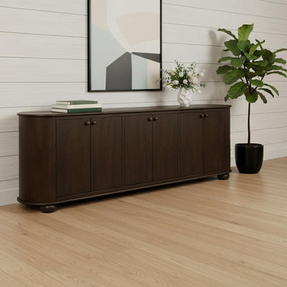 98" Brown Distressed Solid Wood Sideboard With Six Doors HomeRoots