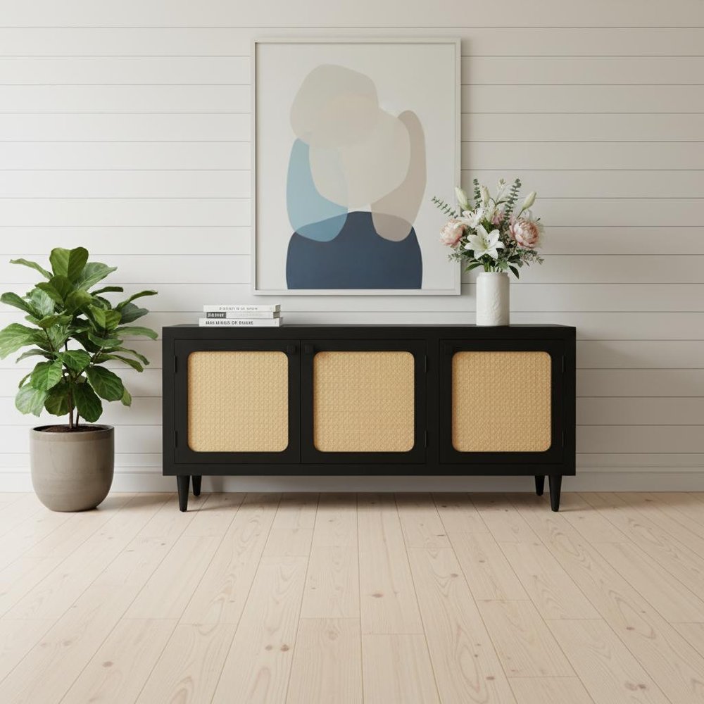 60" Black Distressed Solid Wood Sideboard with Three Doors HomeRoots