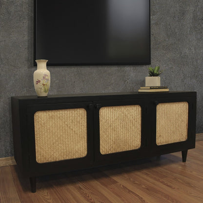 60" Black Distressed Solid Wood Sideboard with Three Doors HomeRoots