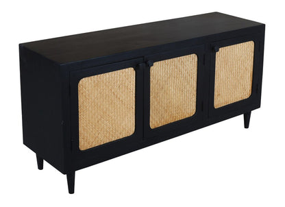 60" Black Distressed Solid Wood Sideboard with Three Doors HomeRoots