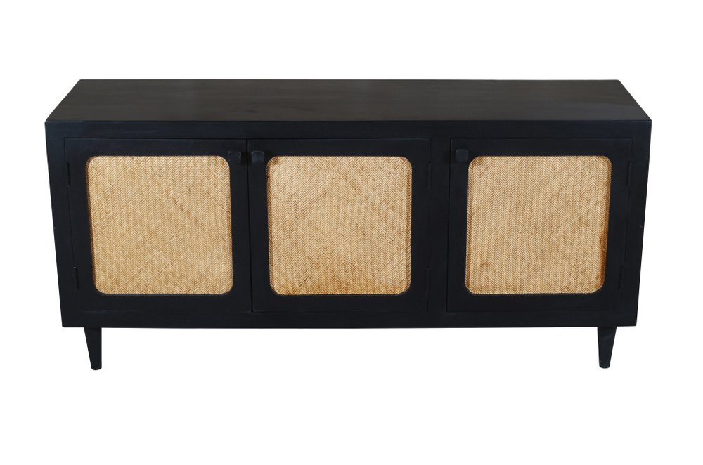 60" Black Distressed Solid Wood Sideboard with Three Doors HomeRoots